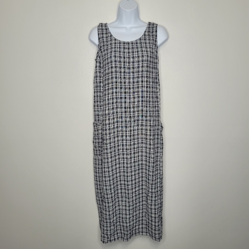 Vintage 90s Dressing Clio black white plaid chore pockets midi dress size large